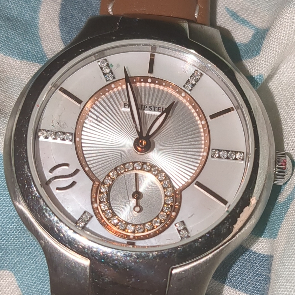 Philip Stein Silver and Brown Watch With Diamonds